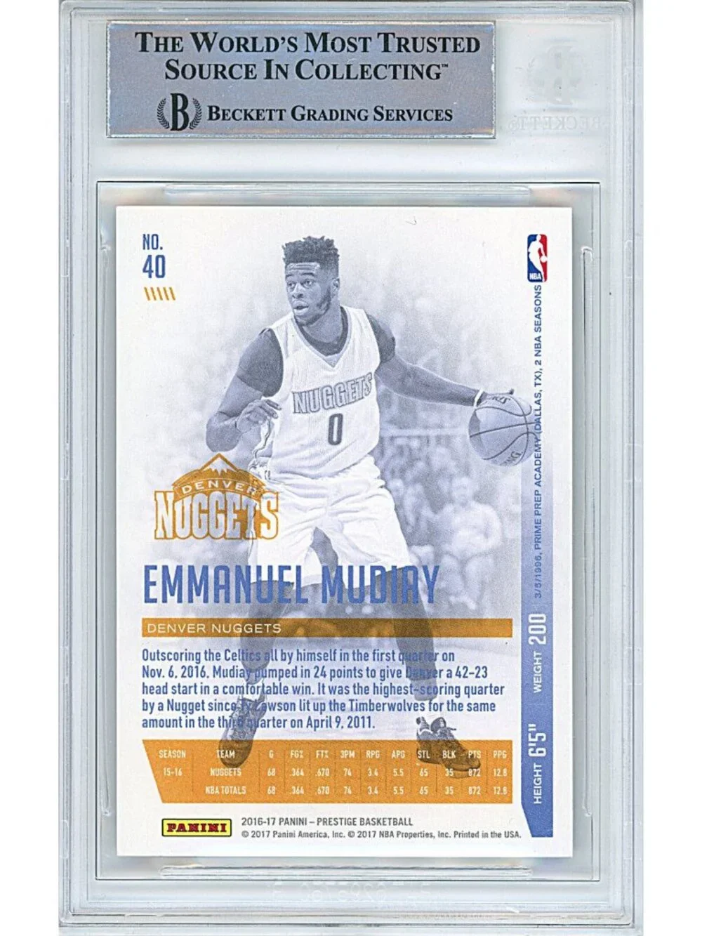 Emmanuel Mudiay Signed 2016-17 Prestige Basketball Card Beckett Denver Nuggets